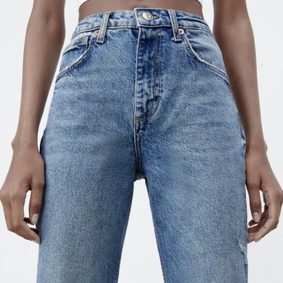 Zara Slim Fit High Waist Rise Ripped Distressed Jeans Light Blue - Picture 3 of 10